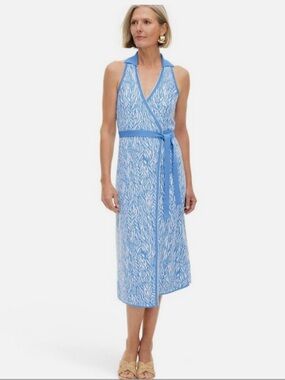 DVF Classic Wrap Dress Collared Sleeveless Sea Twig Blue Knit Medium
